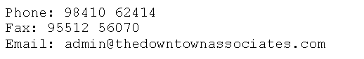 Text Box: Phone: 98410 62414      95512 56070Email: admin@thedowntownassociates.com